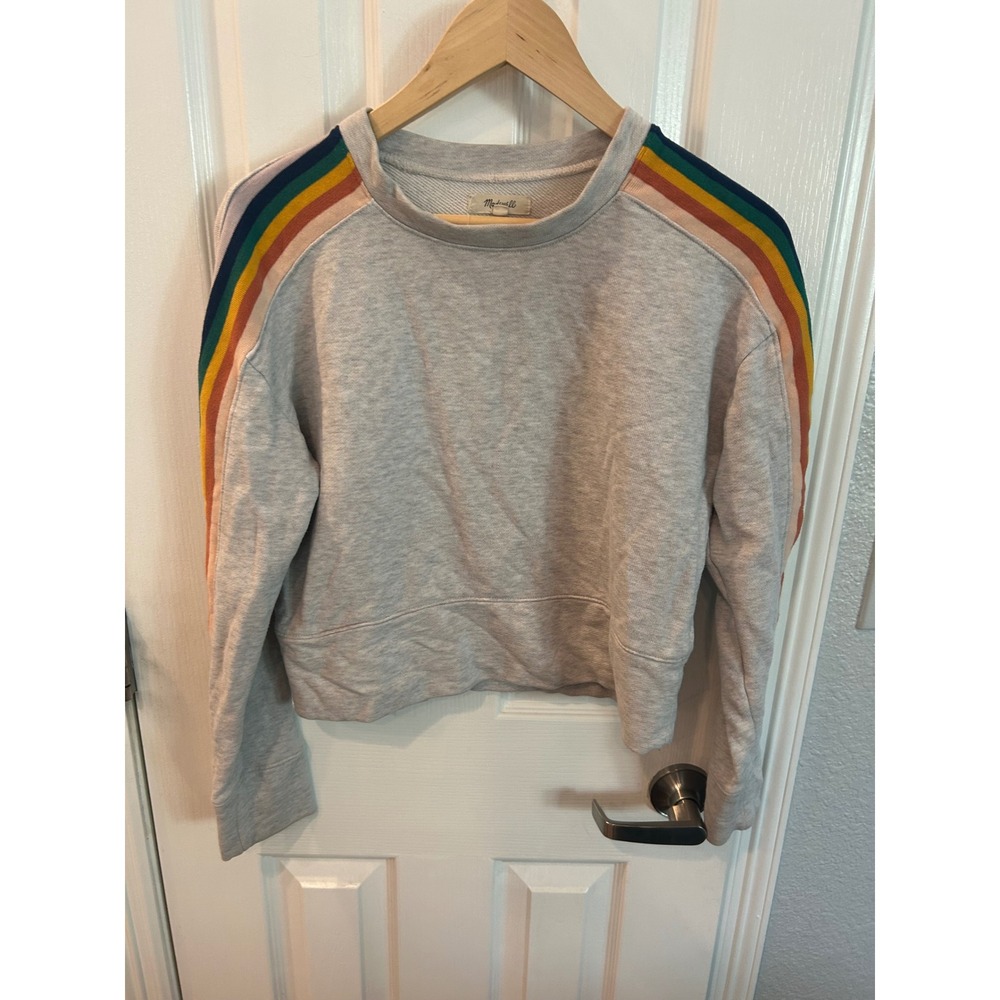 Madewell Sweatshirt Grey Rainbow Stripe Long Sleeve Cropped Crewneck Pullover